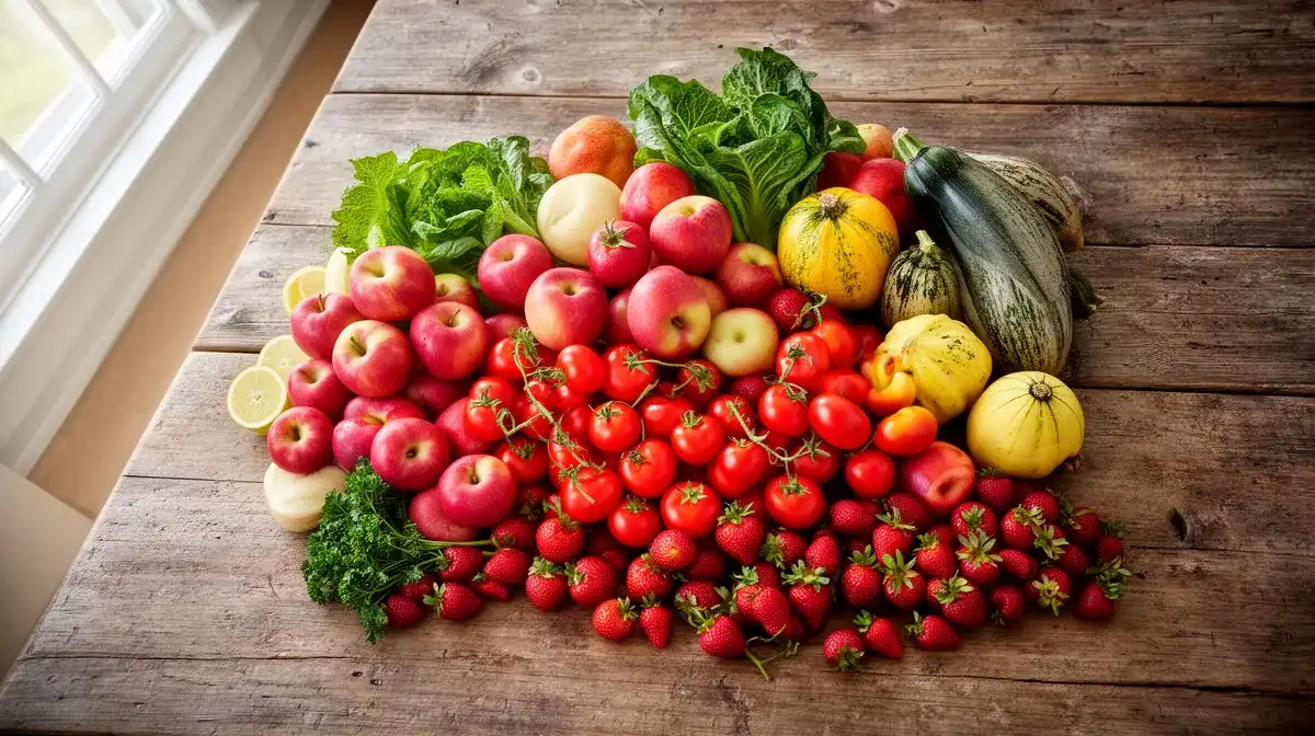 Vue de dessus d'un assortiment de fruits et légumes frais sur une table en bois