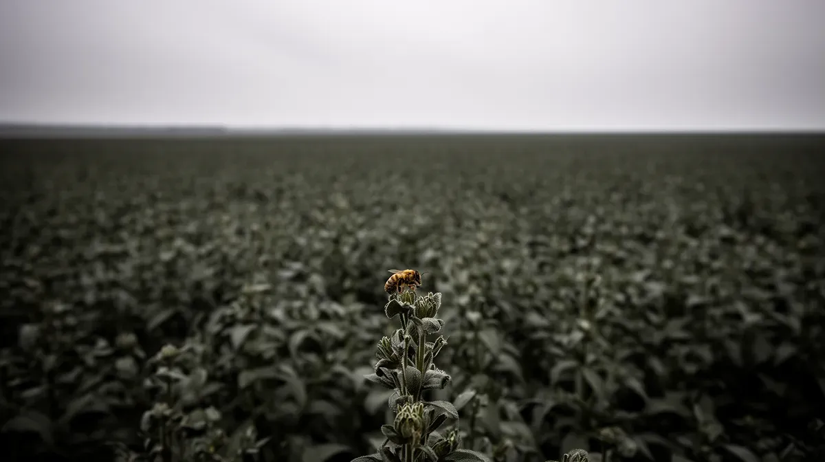 Abeille solitaire isolée sur une fleur au milieu d'un champ agricole monoculture