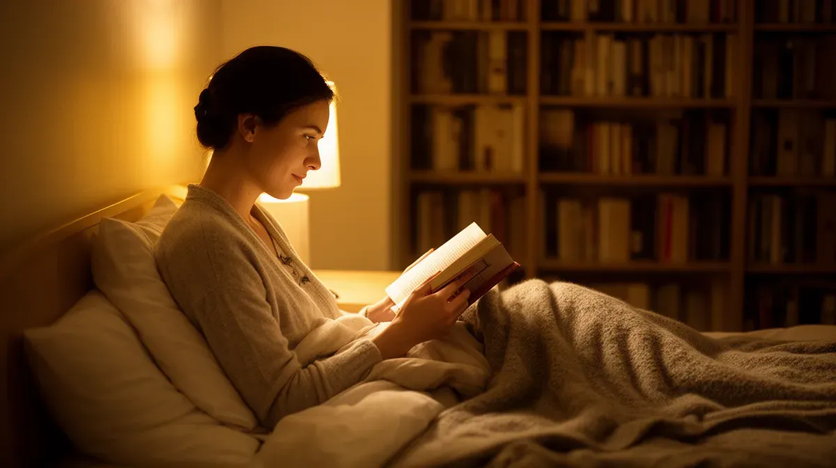Personne lisant un livre à la lumière d'une lampe de chevet dans une chambre cosy