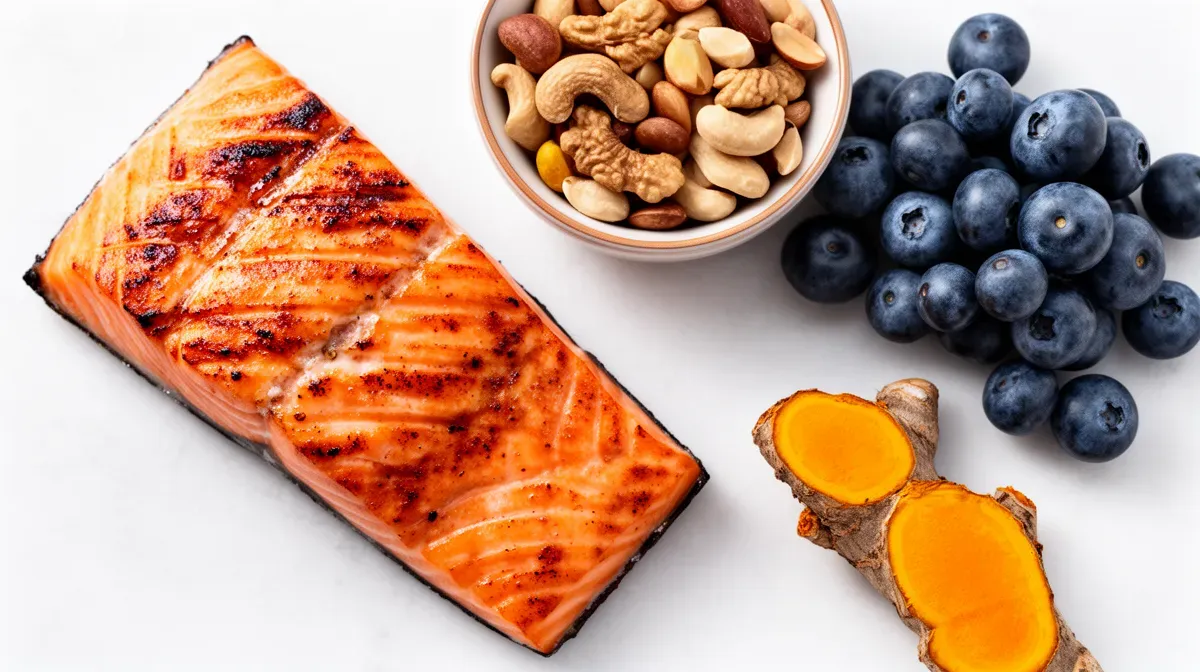 Aliments anti-inflammatoires : saumon grillé, noix, myrtilles et curcuma frais