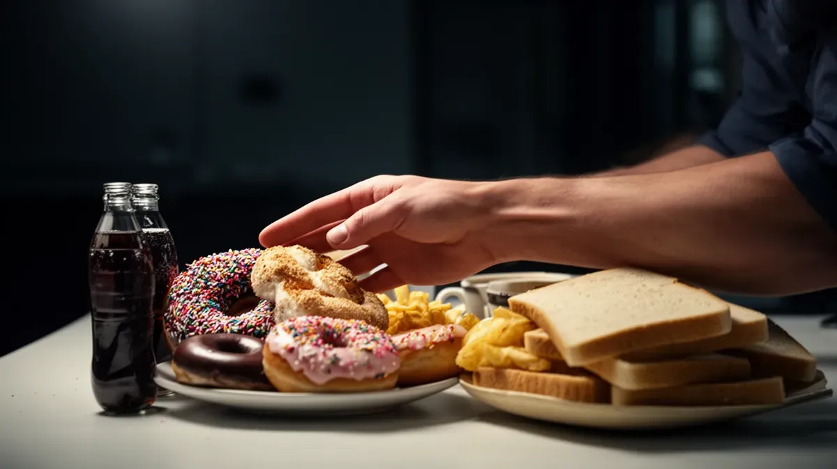 Personne repoussant une assiette d'aliments transformés et sucrés