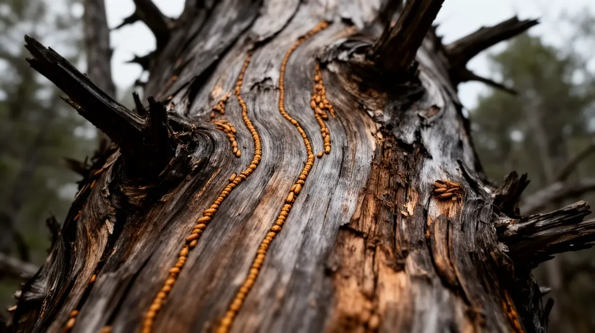 Gros plan sur un tronc d'arbre mort avec des traces de scolytes