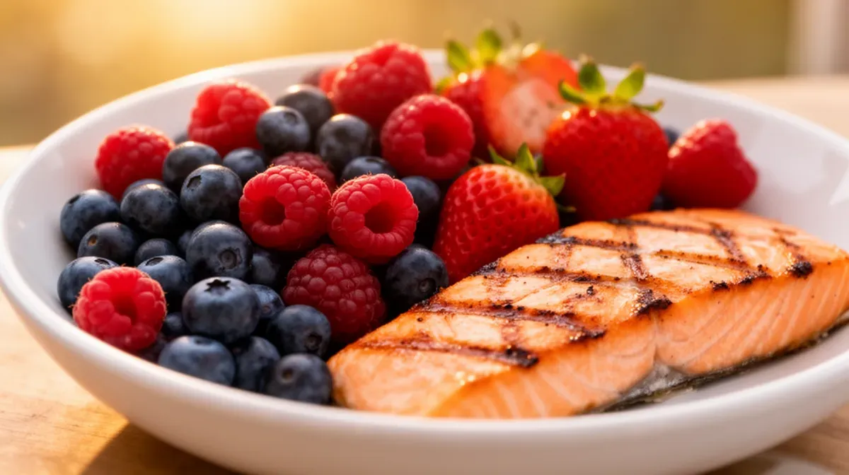 Bol de baies mélangées et saumon grillé dans une assiette blanche, éclairage chaud