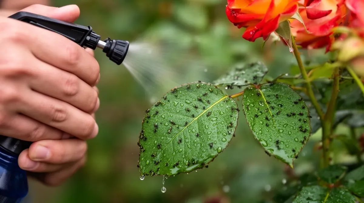 Jardinier pulvérisant du savon noir sur des feuilles de rosier infestées de pucerons