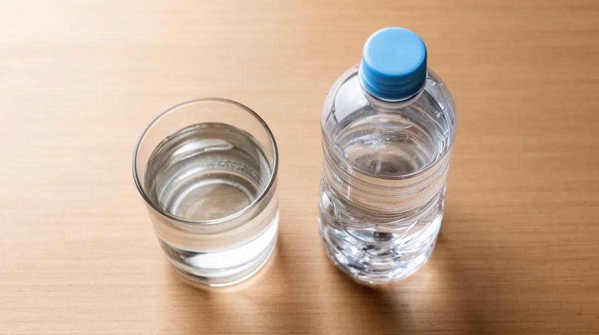 Comparaison entre un verre d'eau du robinet et une bouteille d'eau en plastique