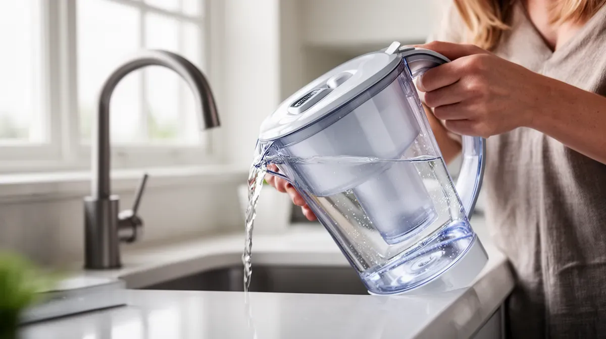 Personne utilisant une carafe filtrante pour réduire les microplastiques dans l'eau du robinet
