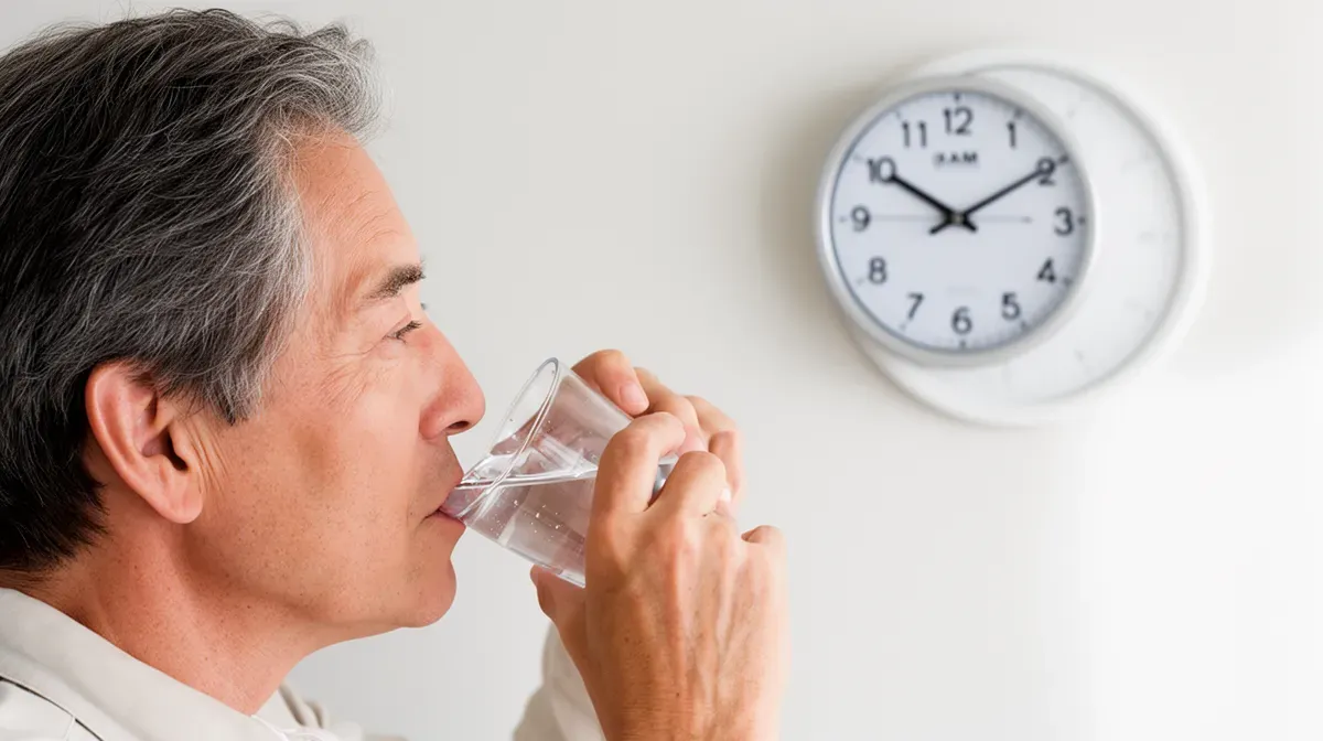 Personne de plus de 50 ans buvant de l'eau au début de la fenêtre de jeûne, avec une horloge indiquant 8h