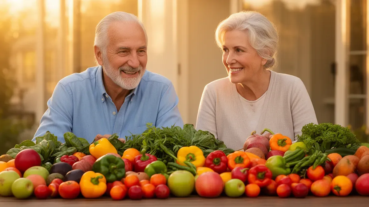 Couple de seniors partageant un repas équilibré, illustrant l'adaptation du jeûne intermittent à la vie quotidienne