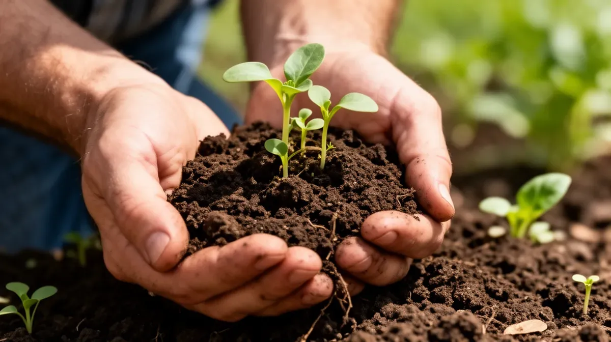 Gros plan sur les mains d'un agriculteur bio tenant de la terre fertile avec des pousses