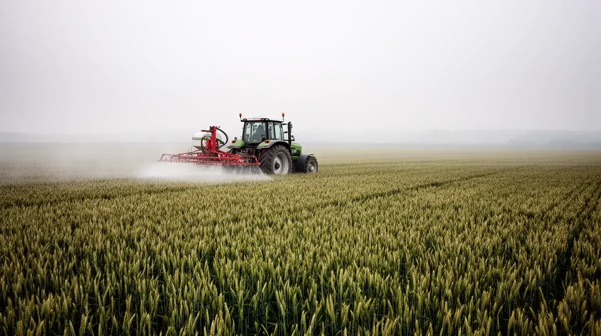 Vue large d'un champ de blé conventionnel avec un tracteur pulvérisant des pesticides sous un ciel nuageux
