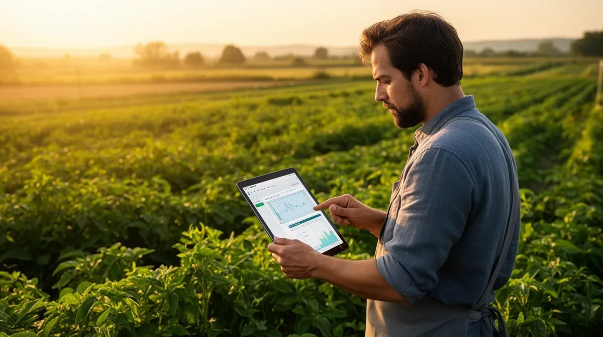 Plan moyen d'un agriculteur bio consultant une tablette dans un champ au coucher du soleil
