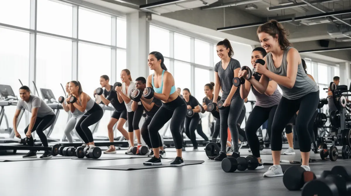 Groupe de personnes s'entraînant dans une salle de sport lumineuse, montrant différents types d'exercices