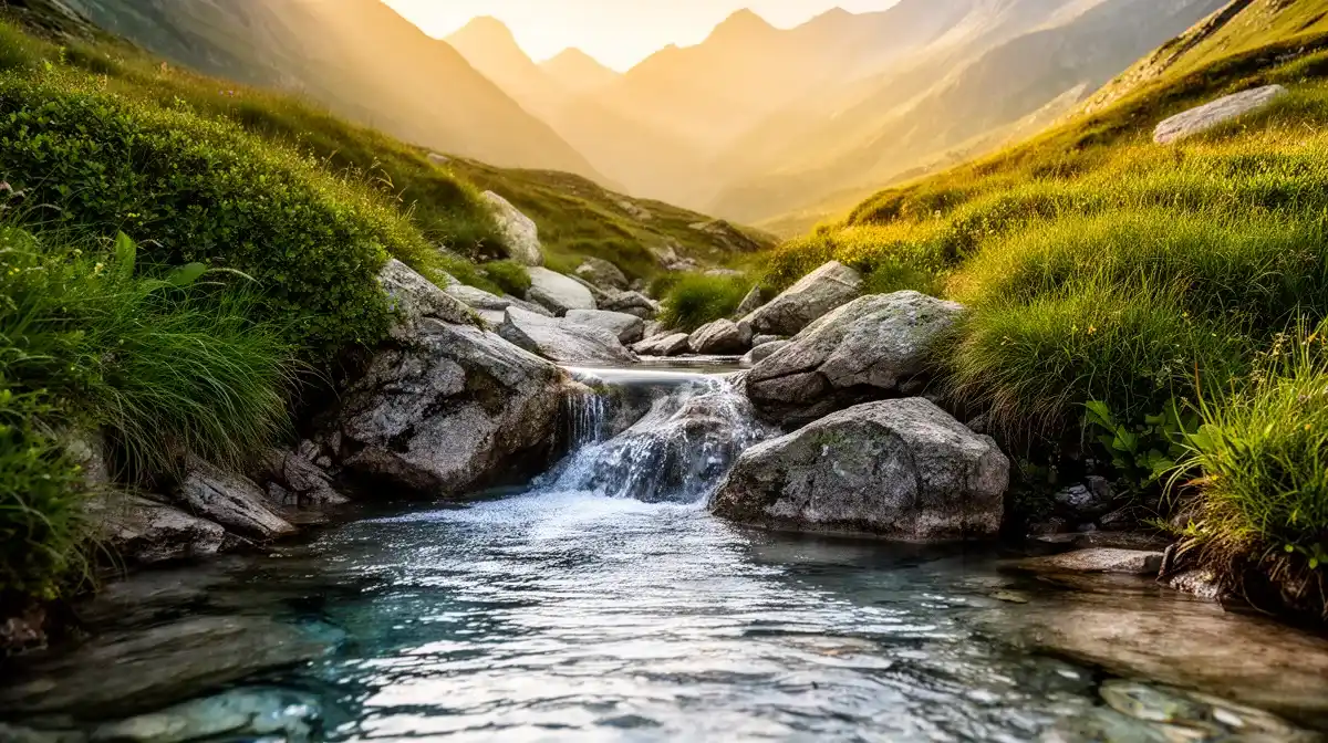 Source d'eau claire dans les Alpes françaises au lever du soleil