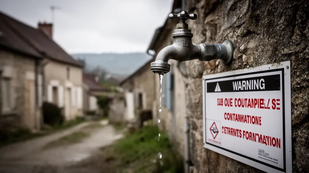 Robinet d'eau avec panneau d'avertissement dans un village rural français
