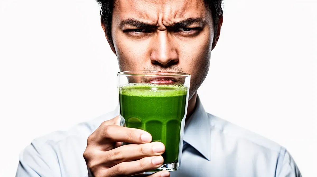 Personne tenant un verre de jus vert détox avec une expression dubitative