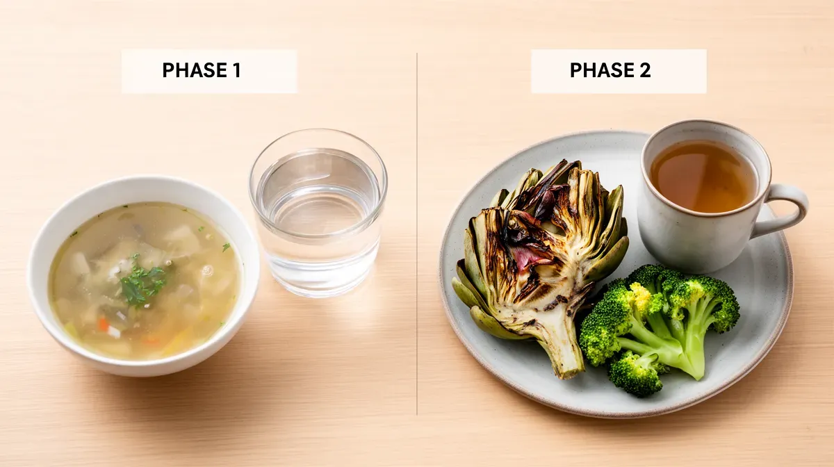 Illustration des deux phases de la détox du foie : soupe et eau pour alléger, artichaut et brocoli pour soutenir