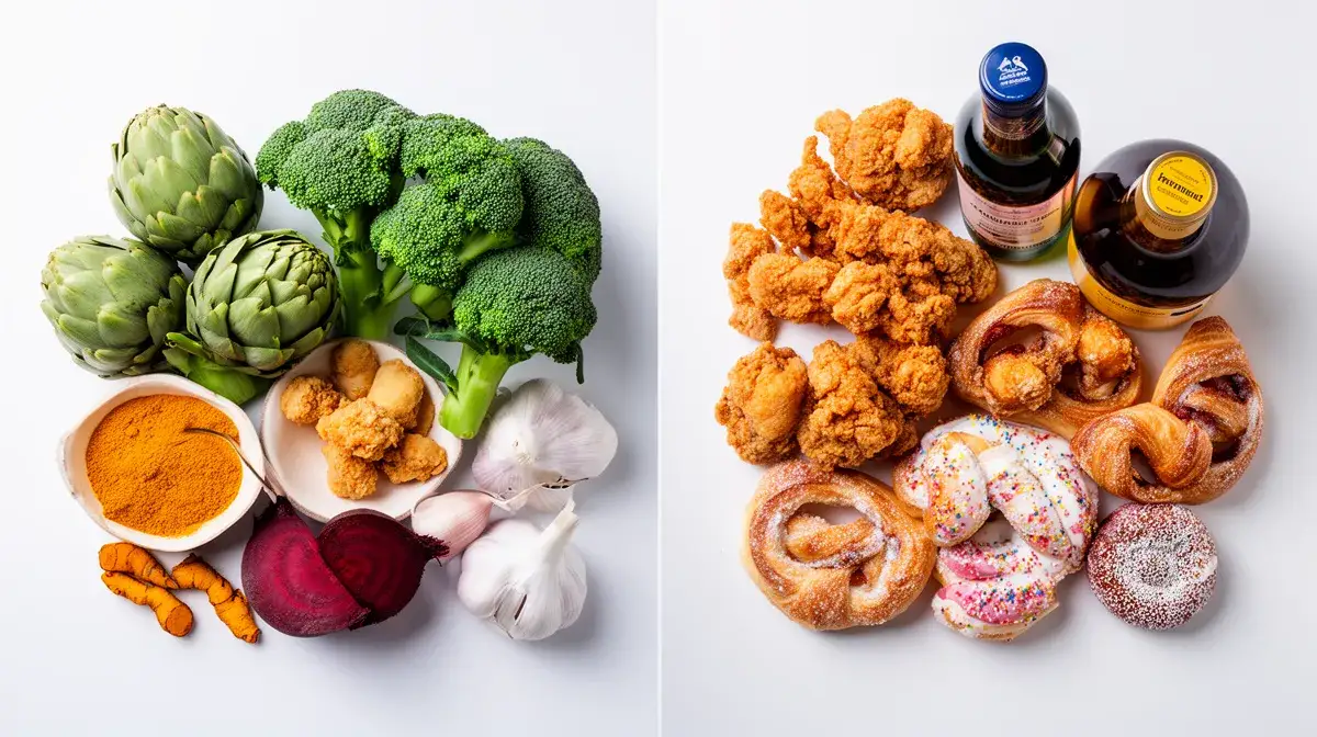 Comparaison visuelle des aliments amis du foie (artichaut, brocoli, curcuma) et des aliments à éviter (fritures, pâtisseries, alcool)