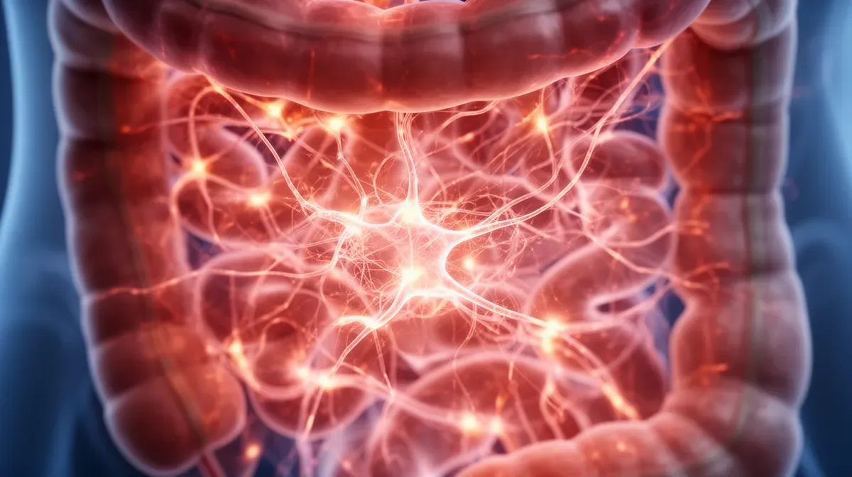 Gros plan sur un intestin humain avec un réseau de neurones lumineux, illustrant le système nerveux entérique
