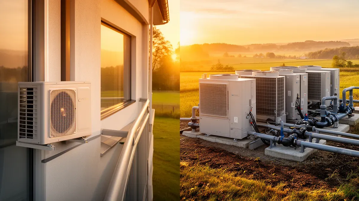 Comparaison visuelle entre une pompe à chaleur individuelle sur balcon et une installation collective en géothermie pour copropriété.