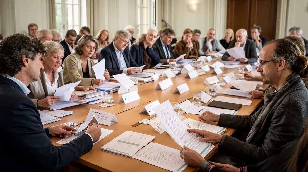 Assemblée générale de copropriété examinant un projet d'installation de pompe à chaleur, symbolisant le processus d'autorisation.