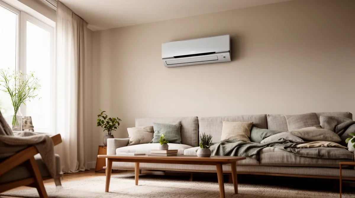 Unité intérieure murale d'une pompe à chaleur air/air dans un salon moderne, diffusant une chaleur agréable sans être intrusive.