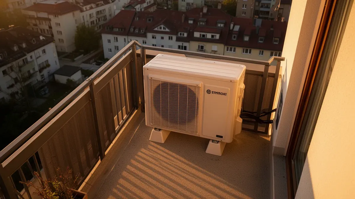 Unité extérieure compacte de pompe à chaleur air/eau installée sur un balcon d'appartement, profitant de la lumière du soir pour souligner son intégration discrète.