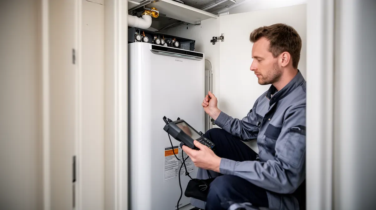Technicien vérifiant une pompe à chaleur air/eau installée dans un placard technique d'appartement, mettant en avant la qualité de l'installation.