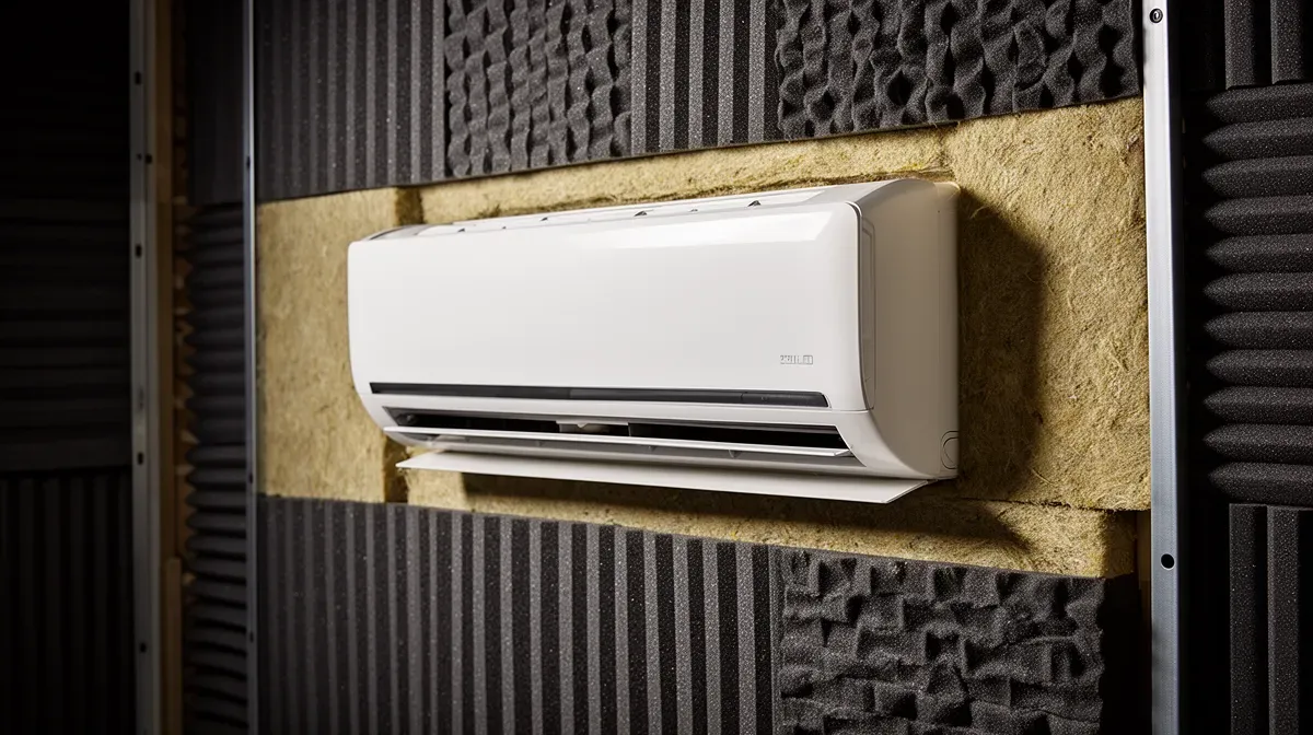 Gros plan sur une pompe à chaleur intérieure avec matériaux d'insonorisation, illustrant la gestion du bruit intérieur.