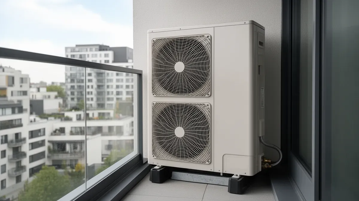 Unité extérieure de pompe à chaleur air-eau installée sur un balcon d'appartement, vue en contre-plongée.