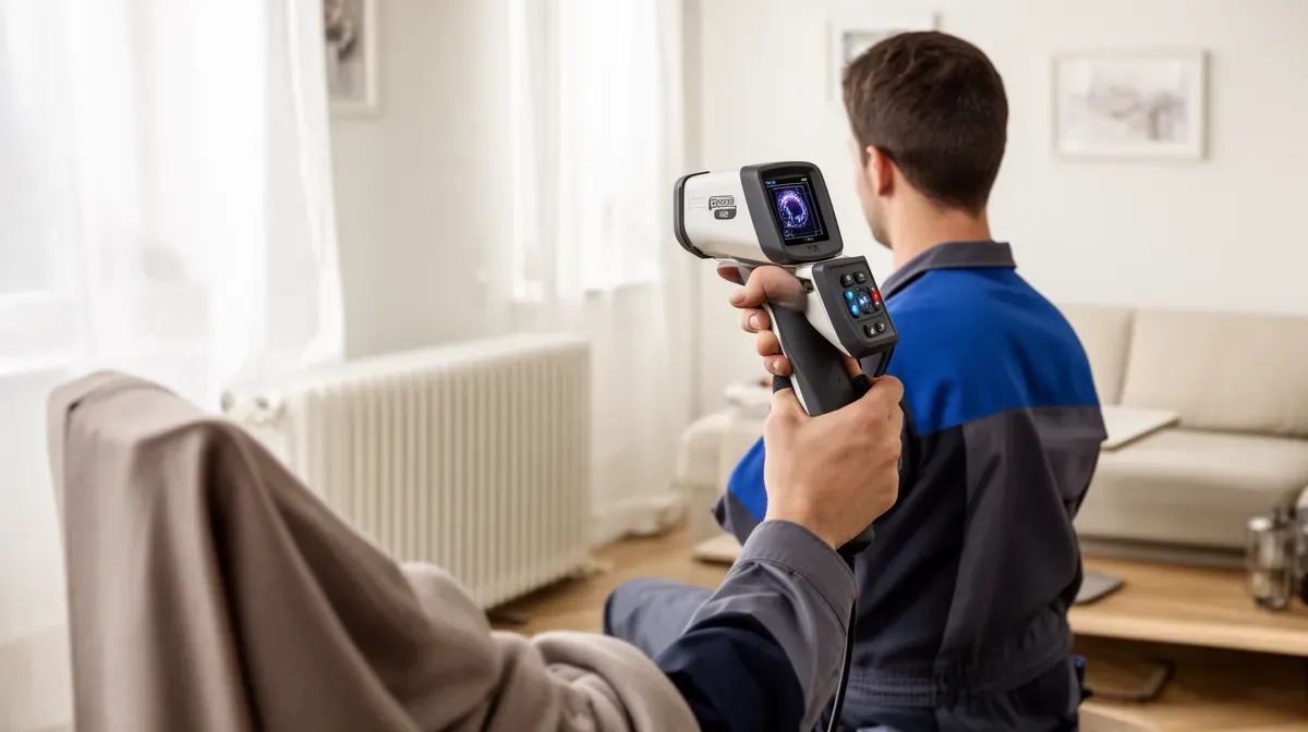 Technicien réalisant une étude thermique dans un salon d'appartement avec radiateur, vue par-dessus l'épaule.
