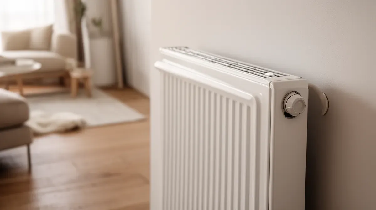 Gros plan sur un radiateur basse température design dans un intérieur d'appartement moderne.