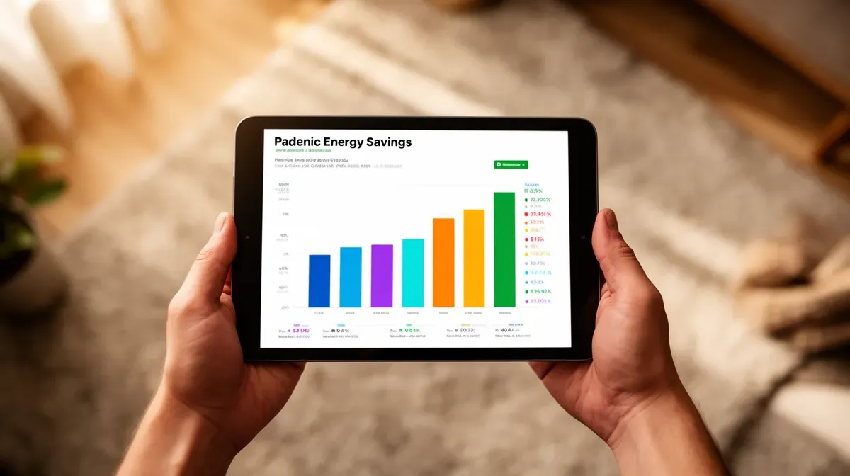 Vue de dessus d'une personne consultant des graphiques d'économies d'énergie sur une tablette, avec un intérieur d'appartement en arrière-plan flou.