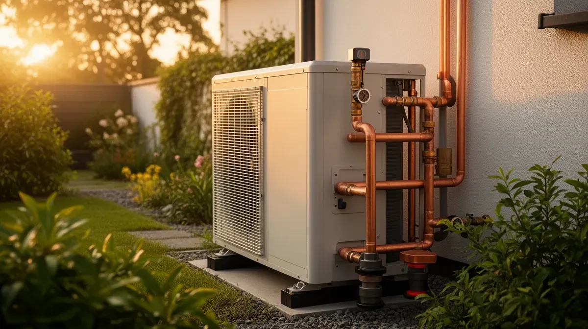 Gros plan sur une pompe à chaleur air-eau silencieuse dans une cour végétalisée, mettant en avant ses avantages techniques et esthétiques