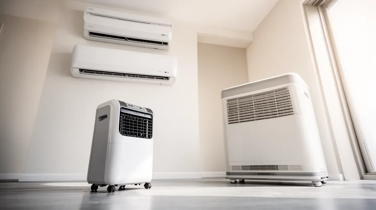 Comparaison visuelle des trois types de climatiseurs sans unité extérieure : mobile, monobloc mural et console, dans un intérieur lumineux.