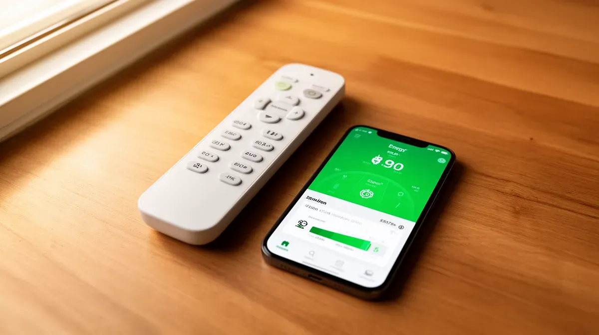 Gros plan sur une télécommande de climatisation et un smartphone affichant une application de suivi de consommation énergétique.