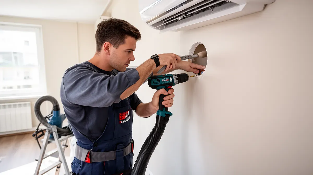 Technicien certifié perçant un mur intérieur pour l'installation d'une climatisation monobloc, dans un appartement propre et lumineux.