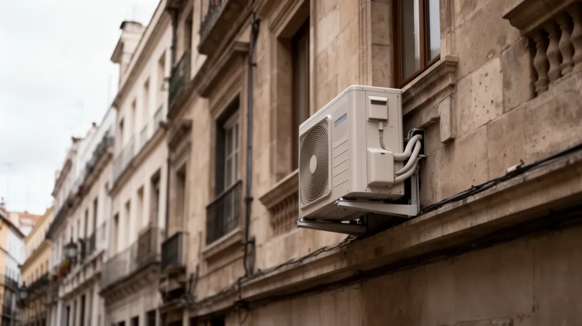 Façade d'immeuble ancien avec unité extérieure de climatisation discrètement installée sur un balcon, respectant l'esthétique architecturale