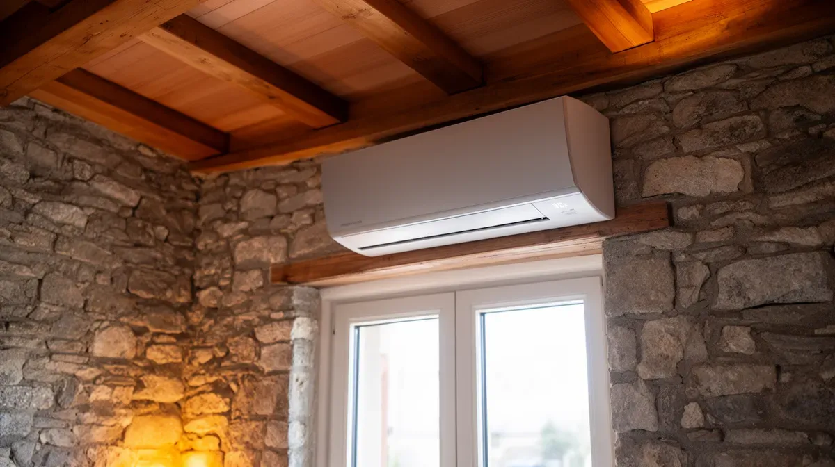 Unité intérieure de climatisation split fixée au mur dans une pièce aux murs en pierre apparente et poutres en bois, alliance de moderne et d'ancien