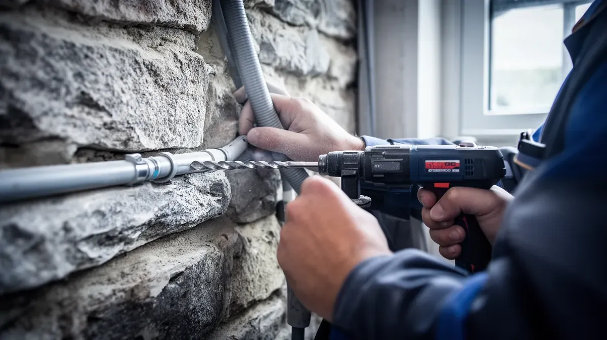 Gros plan sur le perçage d'un mur en pierre épais par un professionnel pour le passage des gaines de climatisation, illustrant les défis techniques