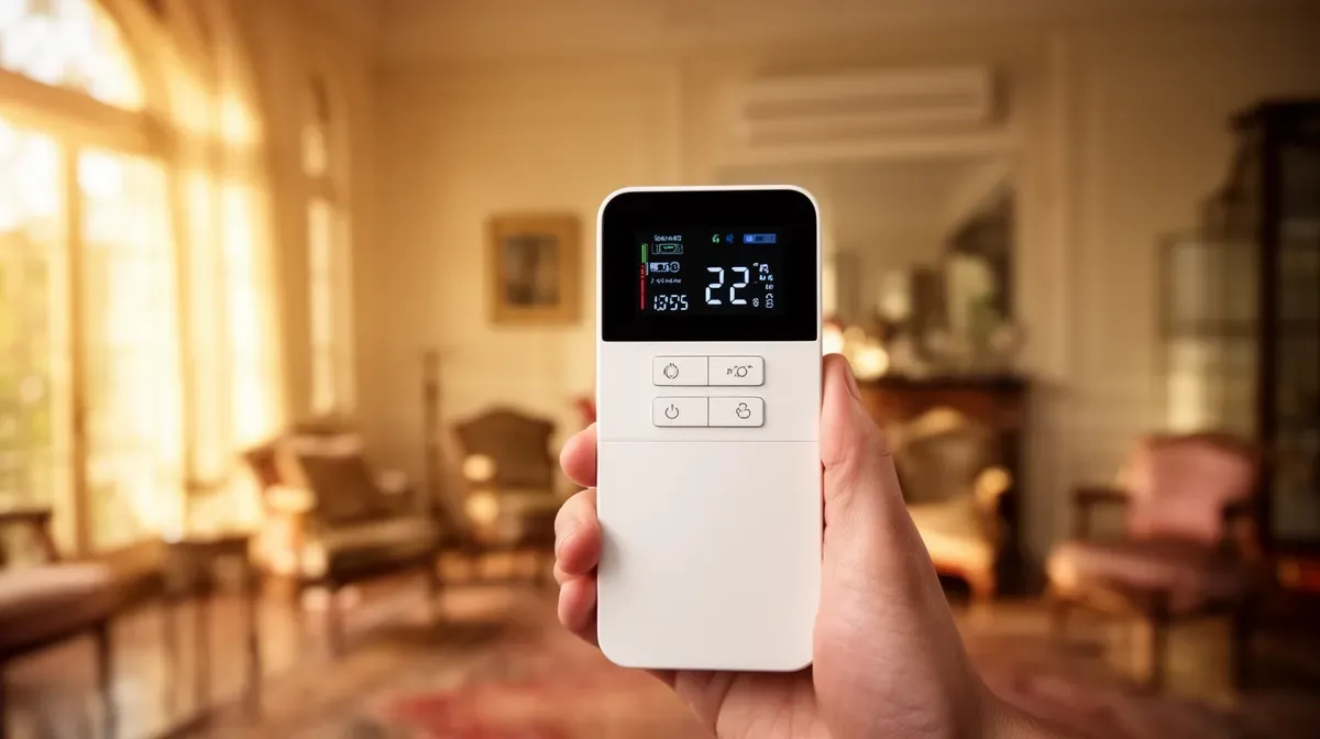 Télécommande de climatisation réversible en main, avec en arrière-plan flou un salon d'appartement ancien baigné de soleil, symbolisant le confort maîtrisé