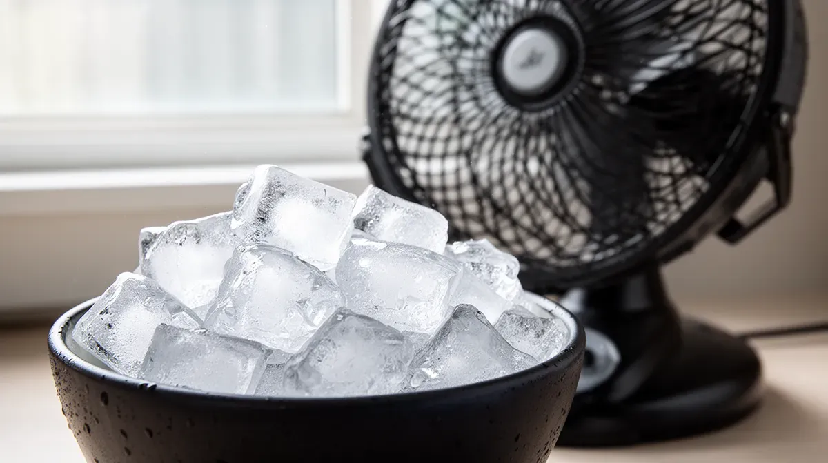 Gros plan sur un bol de glaçons placé devant un ventilateur pour diffuser de l'air frais dans la pièce.