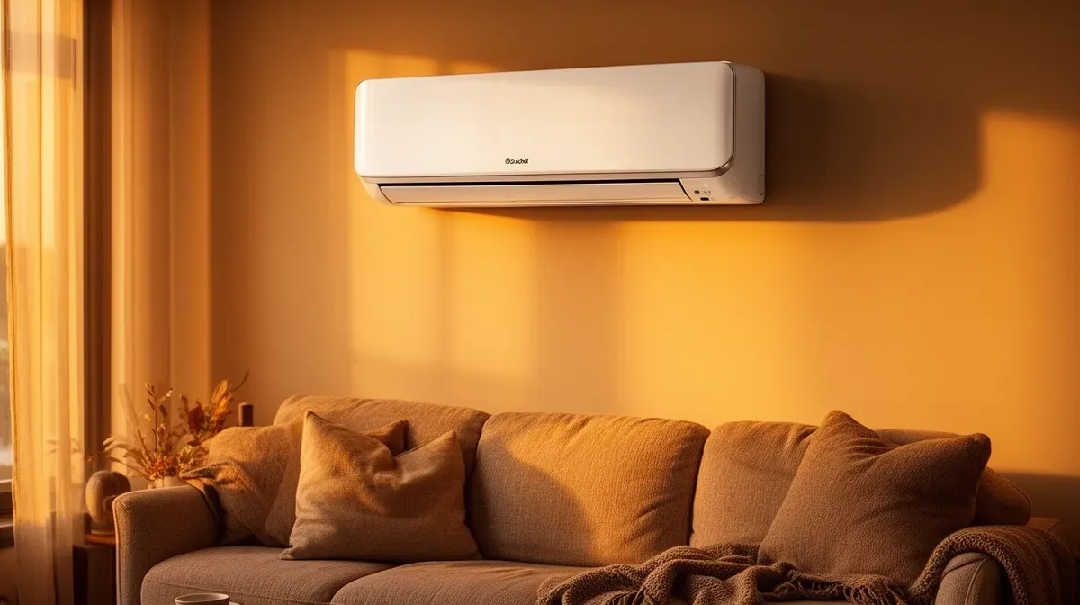 Unité intérieure d'une climatisation réversible fixée au mur d'un salon, diffusant une lumière douce de fin de journée