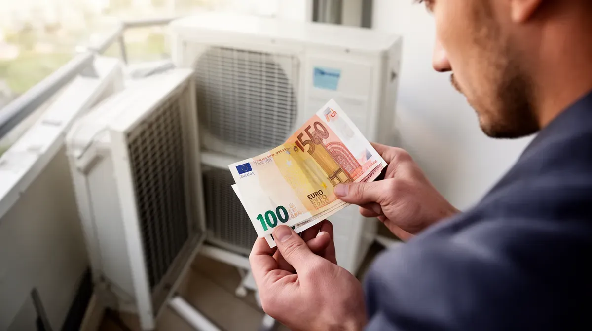 Gros plan sur une main tenant un billet en euros devant une unité extérieure de climatisation réversible, symbolisant le budget à prévoir