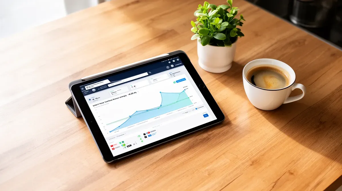 Tablette affichant un tableau de bord de gestion d'énergie solaire domestique