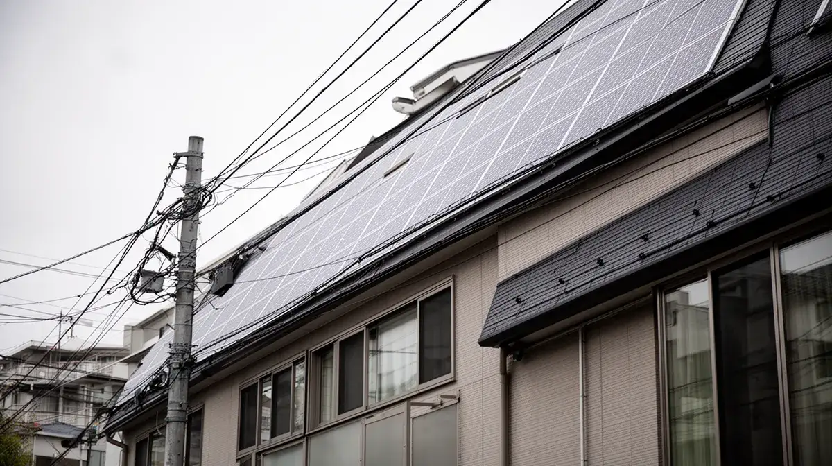 Façade d'immeuble avec panneaux solaires intégrés et contraintes architecturales visibles, illustrant les défis techniques et réglementaires.