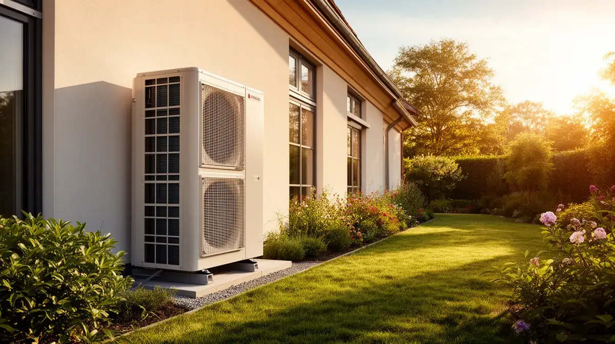 Pompe à chaleur moderne installée devant une maison rénovée, symbolisant les solutions pour sortir du statut de passoire thermique