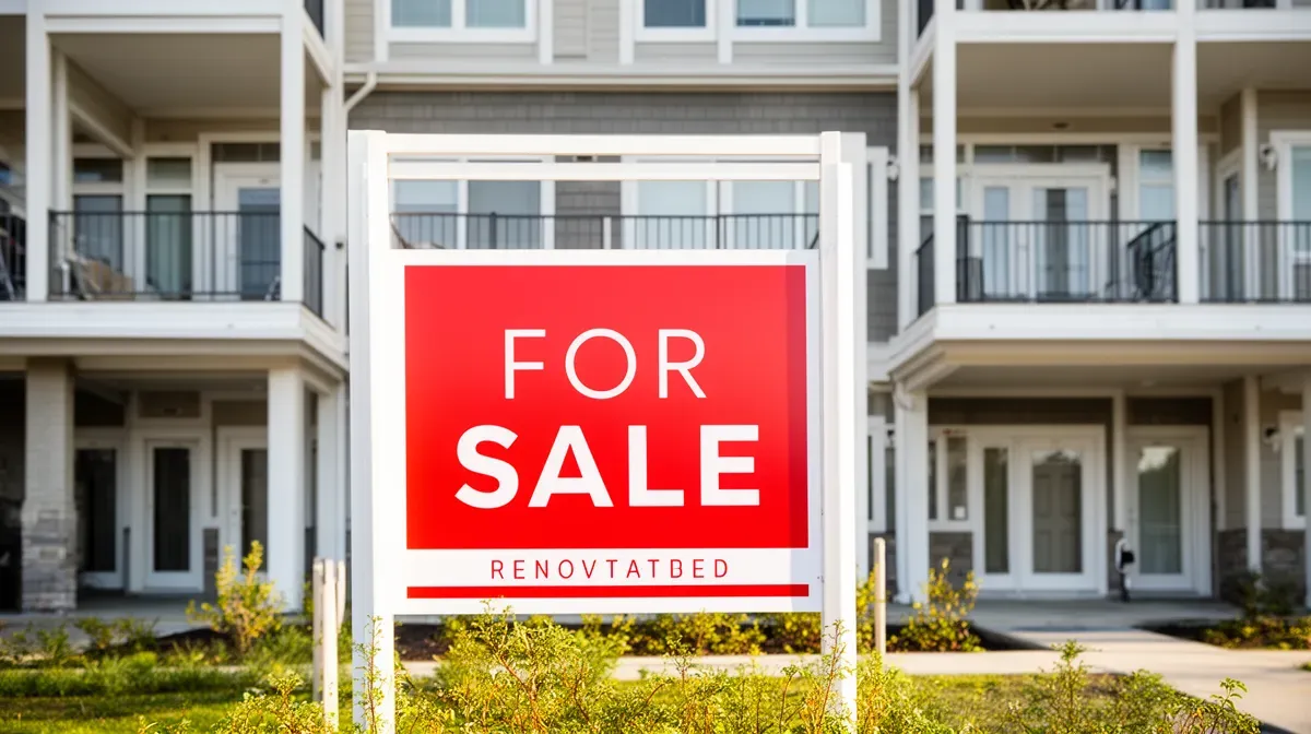 Panneau 'À vendre' devant la façade rénovée d'un immeuble d'appartements, sous une lumière matinale éclatante.