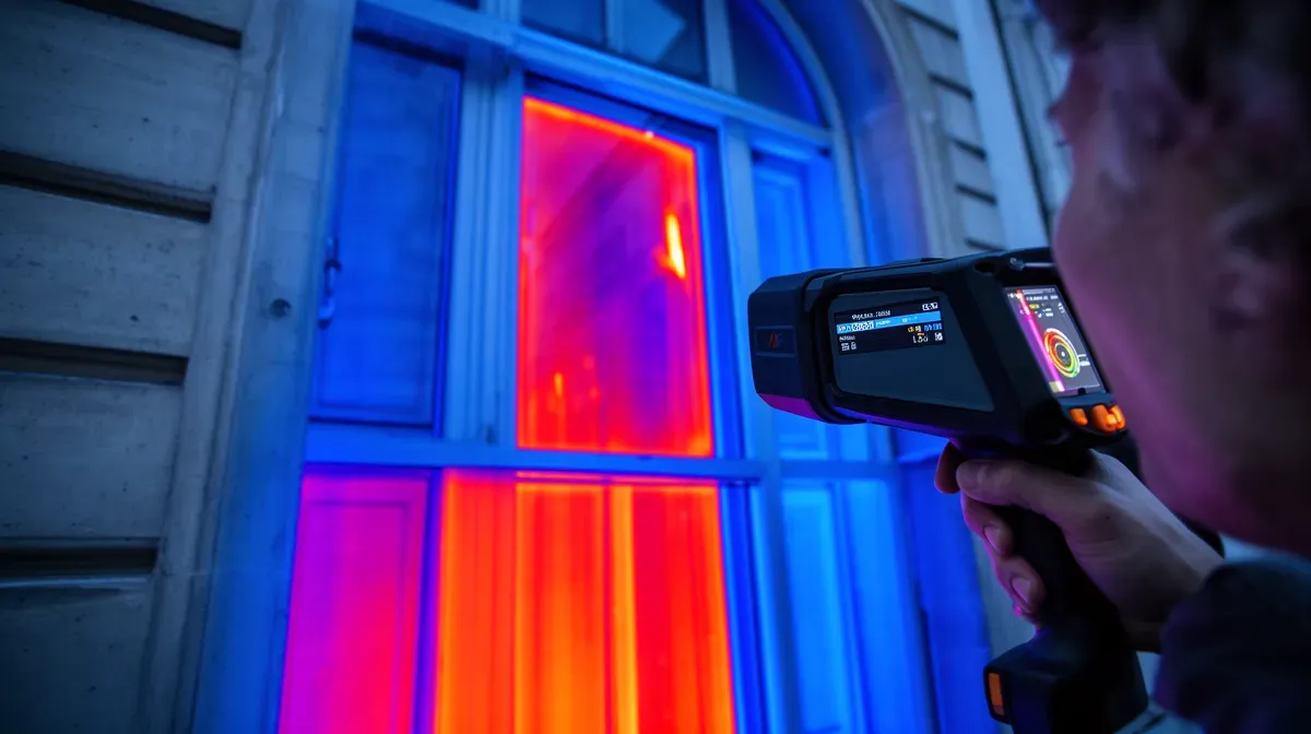 Inspection thermique d'une fenêtre haussmannienne montrant les déperditions de chaleur en bleu et rouge